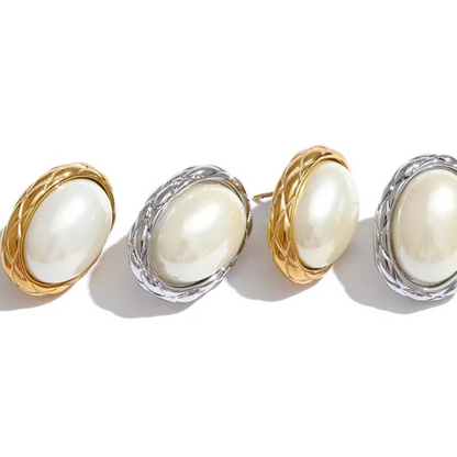 Korean Style Off White Gold - Oval Stud Earrings for Women Pearl Stainless Steel 18K PVD Plated Fashion Jewelry