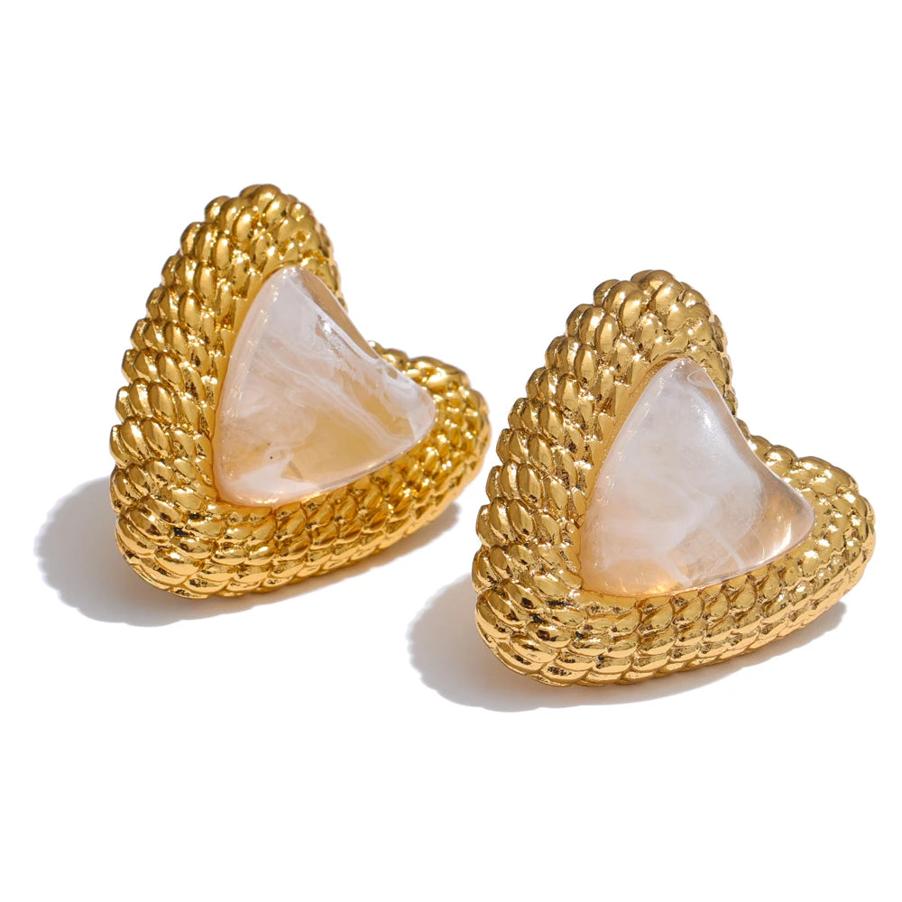 Stainless Steel Resin Heart Love Golden Stud Earrings Daily Wear Trendy Jewelry