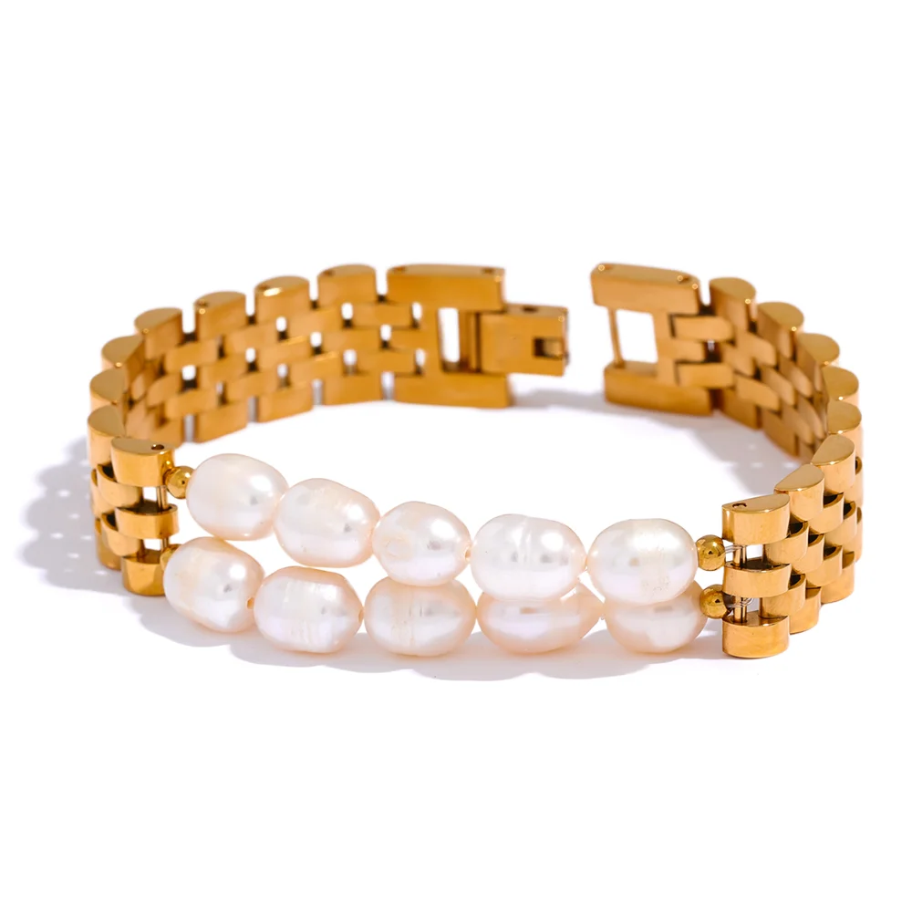 Luxury Pearl Cuban Bracelet – 18K Gold Plated 316L Stainless Steel Waterproof