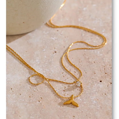 Elegant Double Layer Fishtail Necklace with Zircon Pendant – Gold Plated