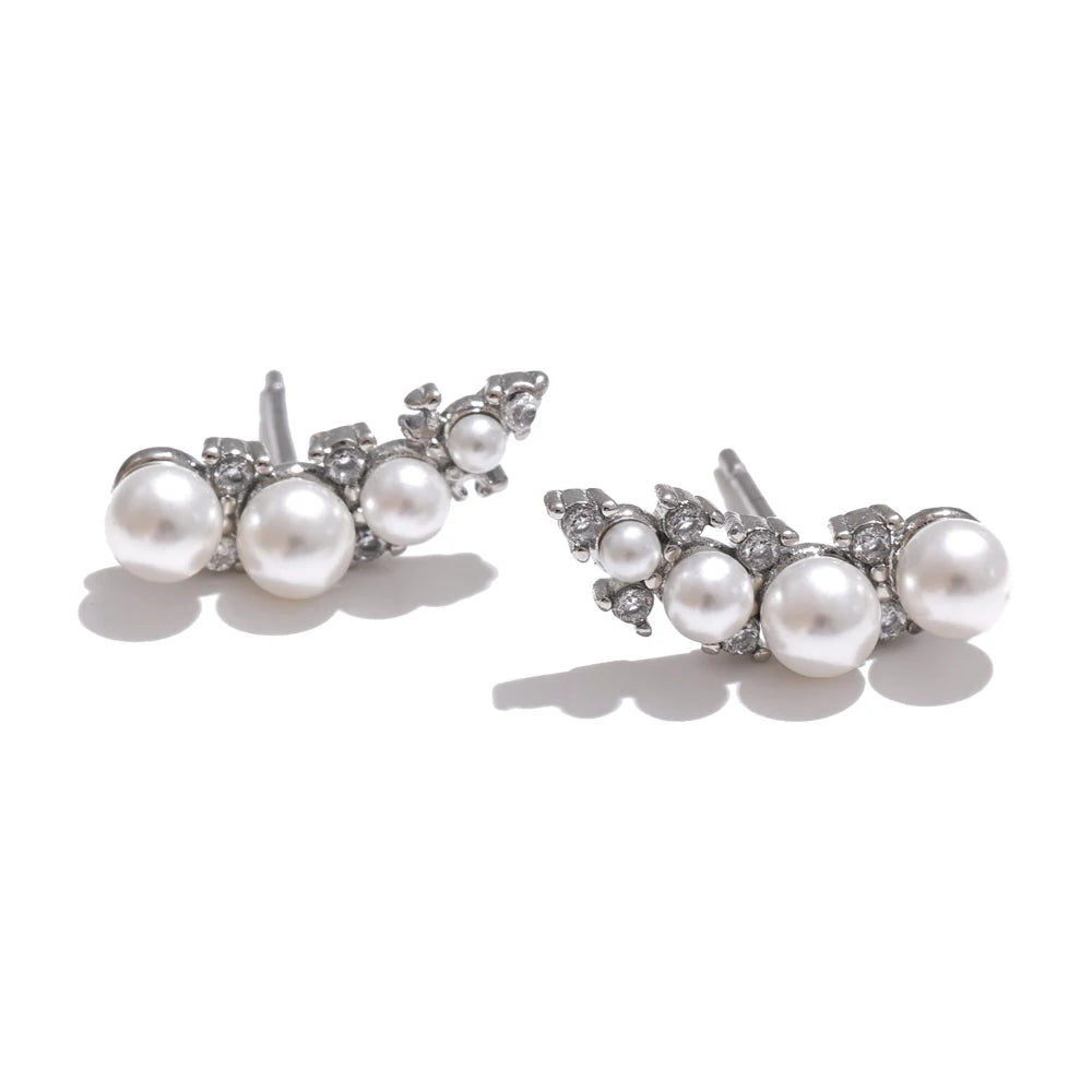 Tarnish-Free Gold Stud Earrings with Pearls & Cubic Zirconia – Elegant Jewelry