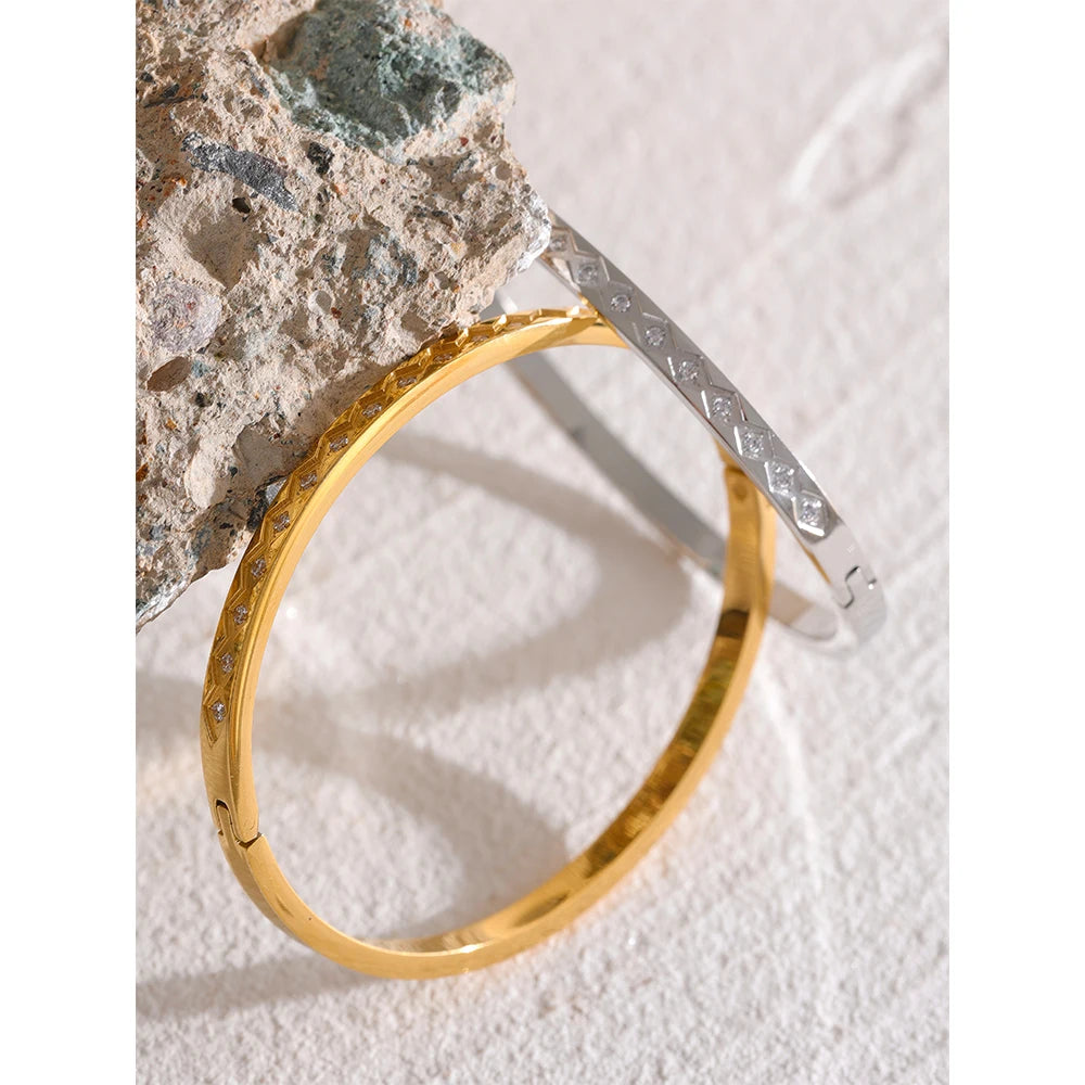 60mm Cast Bangle Bracelet – Gold Plated Stainless Steel with Zirconia