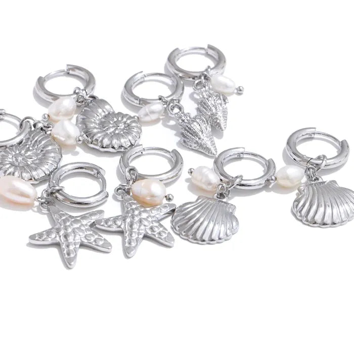 Ocean Theme Natural Pearl Conch Shell Starfish Drop Summer Hoop Earrings for Women Stainless Steel Holiday Daily Jewelry