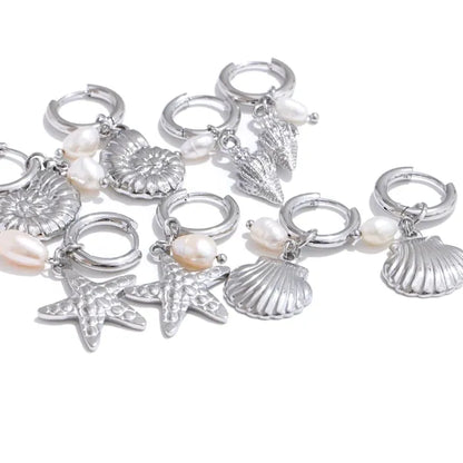 Ocean Theme Natural Pearl Conch Shell Starfish Drop Summer Hoop Earrings for Women Stainless Steel Holiday Daily Jewelry