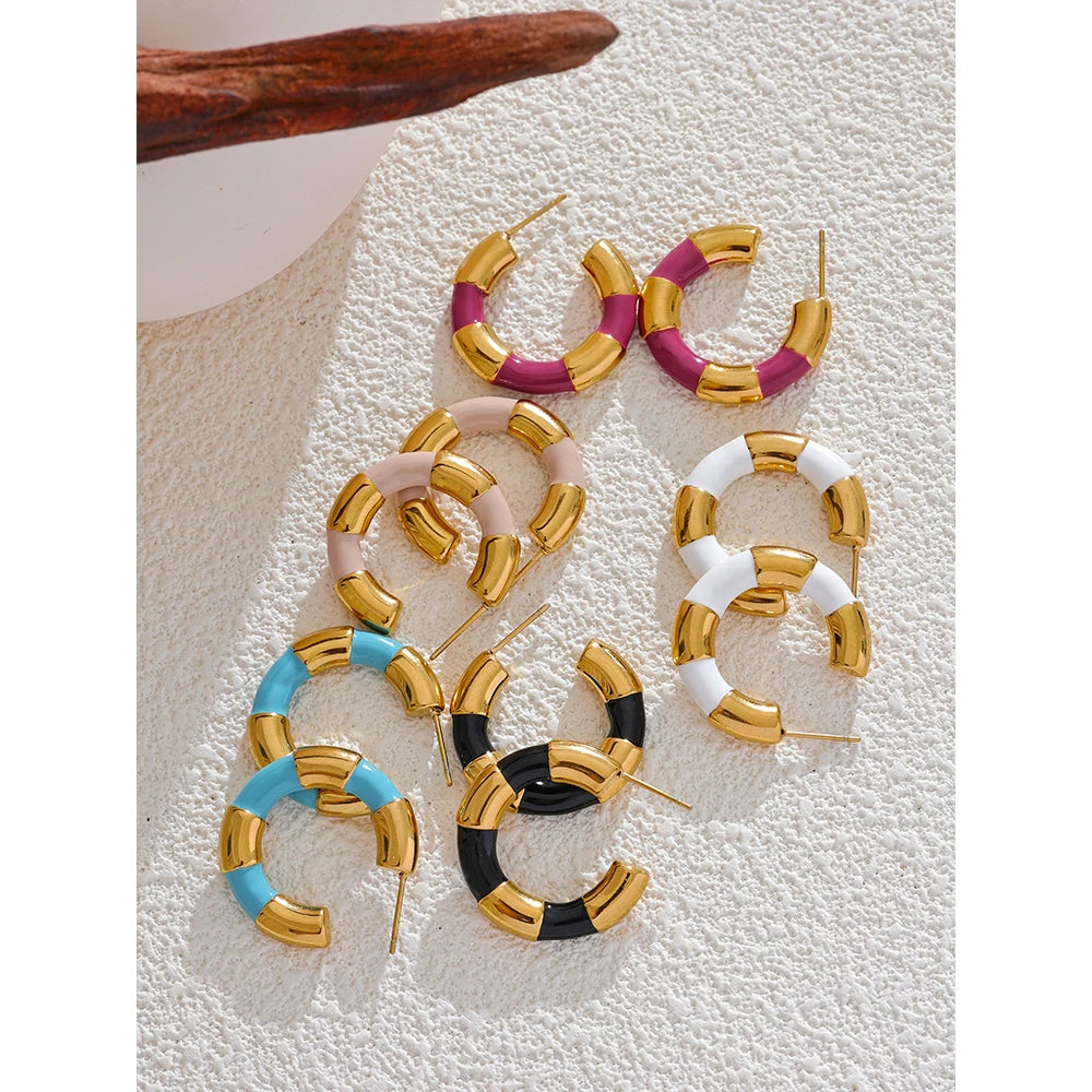 Multi Color Enamel Stainless Steel C-Shape Geometric Unique Earrings Waterproof Classic Stylish Jewelry