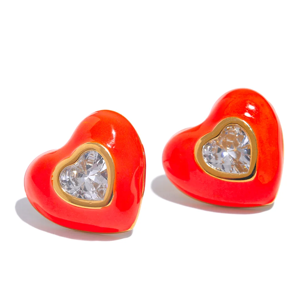 Elegant Colorful Heart Enamel Stud Earrings with CZ – Chic Jewelry