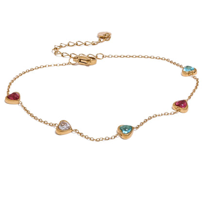 Colorful Heart Zircon Anklet – Gold Plated Stainless Steel