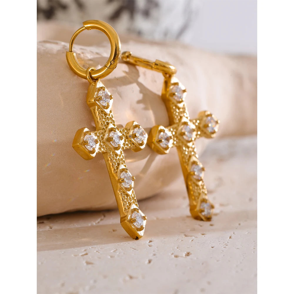 Bling Cubic Zirconia Classic Cross Drop Hoop Earrings 18K Gold Color PVD Plated Stainless Steel Exquisite Jewelry