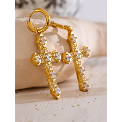 Bling Cubic Zirconia Classic Cross Drop Hoop Earrings 18K Gold Color PVD Plated Stainless Steel Exquisite Jewelry