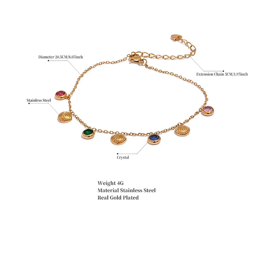 Colorful CZ Shell Anklet – Trendy Gold-Plated Stainless Steel
