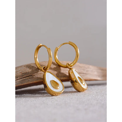 Golden Avocado Drop Stainless Steel Fruit Huggie Hoop Earrings for Women Natural Shell Fashion Charm Cute Jewelry
