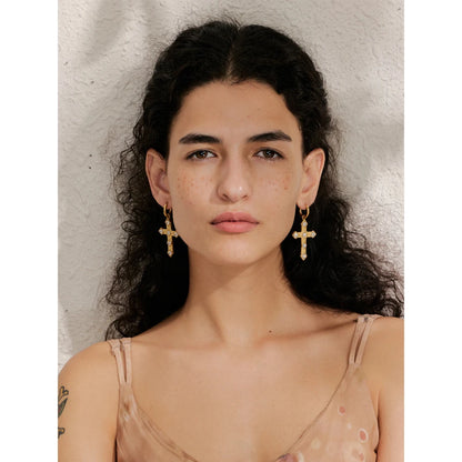 Bling Cubic Zirconia Classic Cross Drop Hoop Earrings 18K Gold Color PVD Plated Stainless Steel Exquisite Jewelry