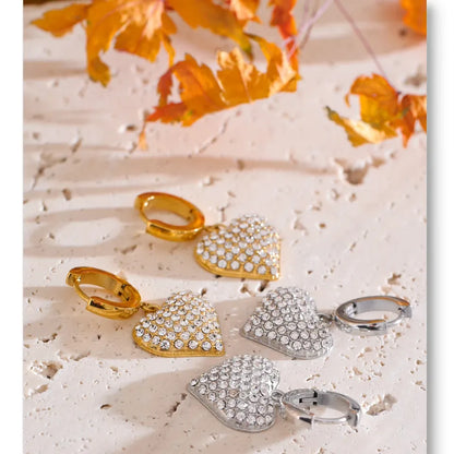 Cubic Zirconia Heart Drop Earrings - 18K Gold Plated Stainless Steel Classic Romantic Daily Wear Jewelry Waterproof