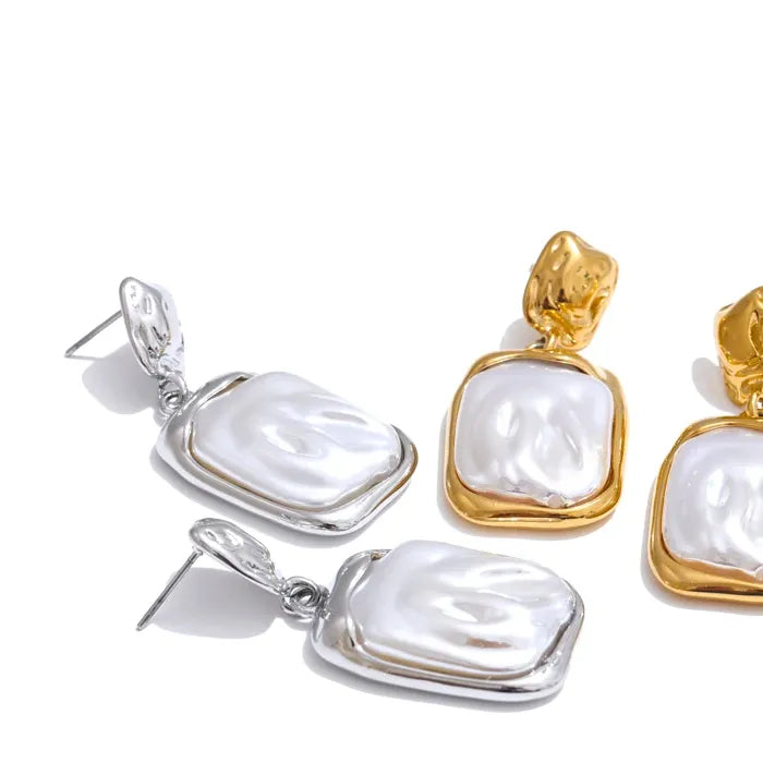 Stainless Steel Pearl Square Drop Earrings for Women Tarnish Resistant - Fashion Jewelry