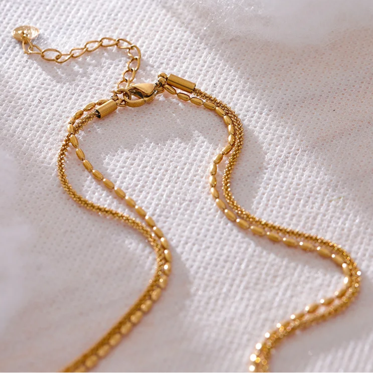 Chic Beaded Double Layer Necklace – Gold Stainless Steel Collar