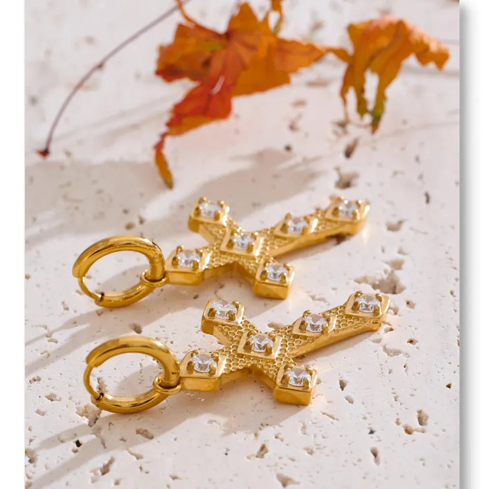 Bling Cubic Zirconia Classic Cross Drop Hoop Earrings 18K Gold Color PVD Plated Stainless Steel Exquisite Jewelry