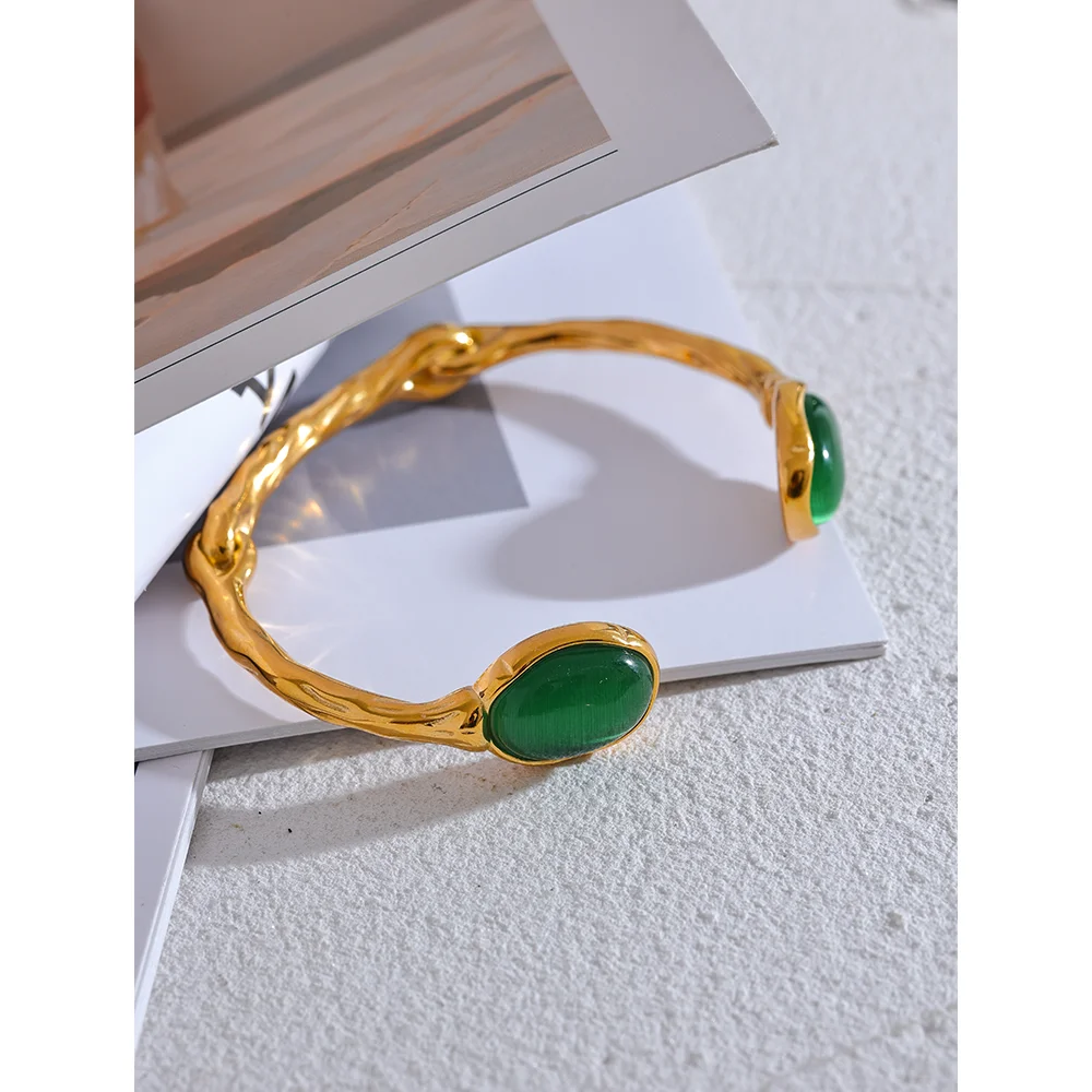 Green Stone Cuff Bracelet – Gold Plated Stainless Steel, Textured 18K Plated Waterproof Jewelry