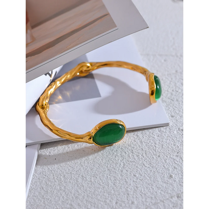 Green Stone Cuff Bracelet – Gold Plated Stainless Steel, Textured 18K Plated Waterproof Jewelry