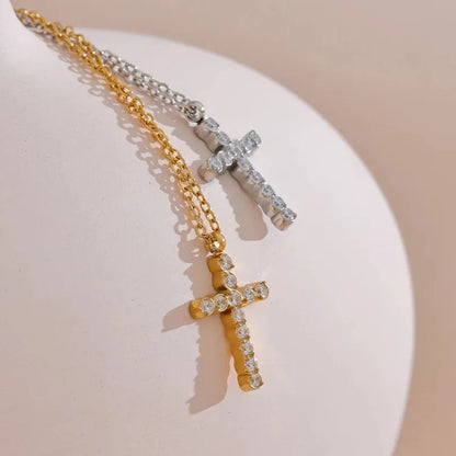 Cubic Zirconia Cross Pendant – 316L Gold Stainless Steel Necklace