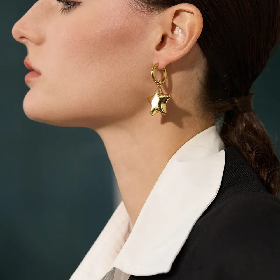 Fashion Stainless Steel Star Thick Drop Hoop Earrings Women - 18K Gold Plated Jewelry