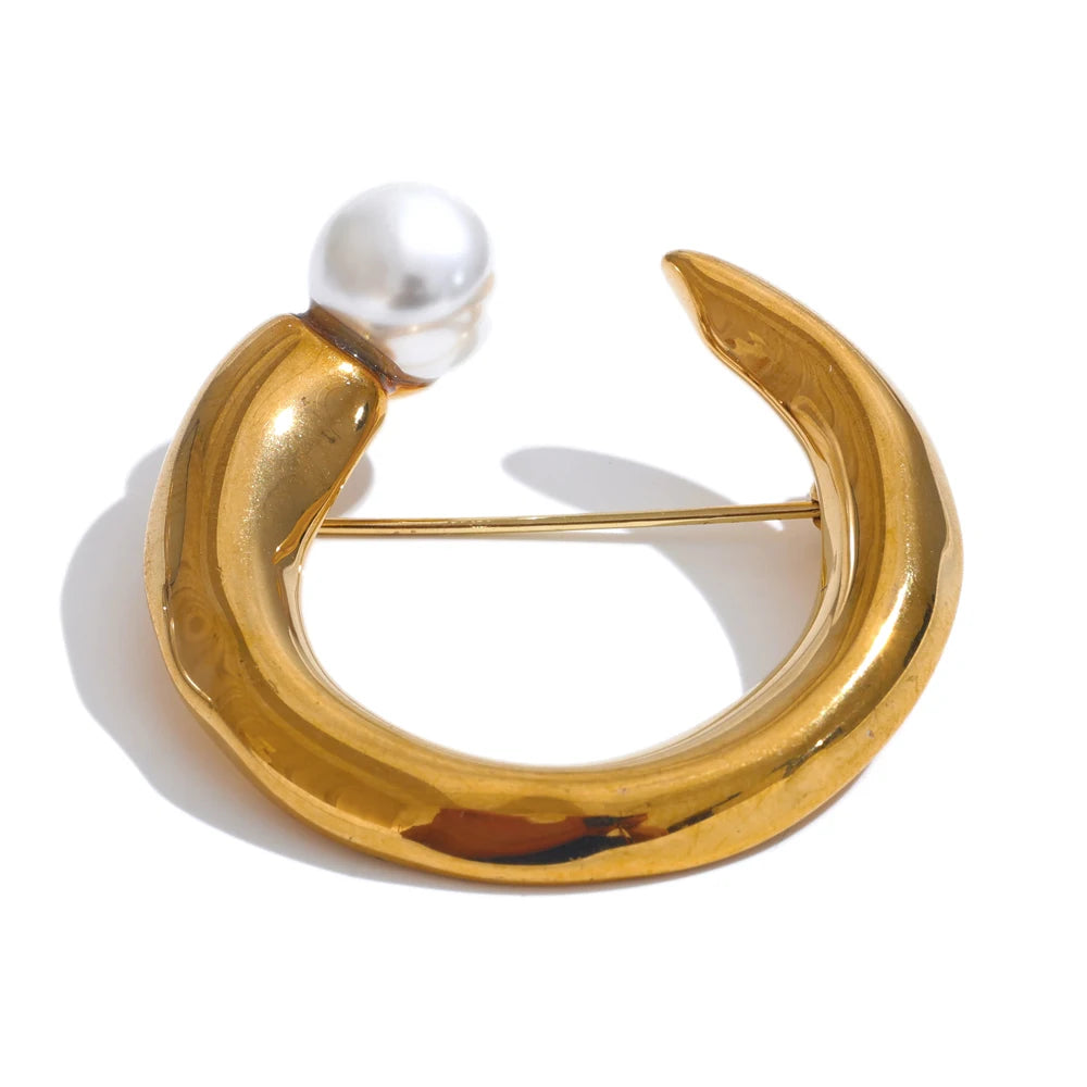 U-Shape Pearl Brooch Pin – Gold Plated Stainless Steel Accessory