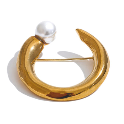 U-Shape Pearl Brooch Pin – Gold Plated Stainless Steel Accessory
