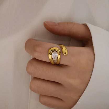 18K Gold Plated Stainless Steel Open Ring Inlaid with Water Drop Shaped Zircon Anti-allergic Metal Personality Jewelry for Women