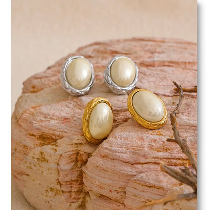 Korean Style Off White Gold - Oval Stud Earrings for Women Pearl Stainless Steel 18K PVD Plated Fashion Jewelry