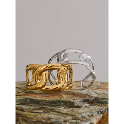 Wide Hollow Stainless Steel Cuff Bracelet – 18K Real Gold Plated Waterproof