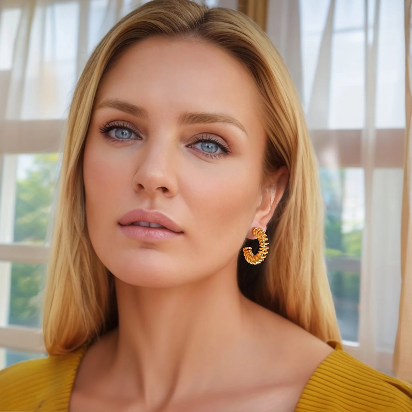 Creative Golden Color Metal Spring Chunky Hoop Earrings for Women - 18K Gold Plated Stainless Steel Jewelry