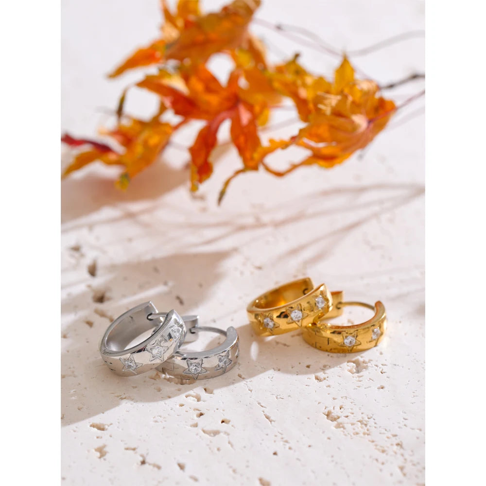 16mm Zirconia Star Round Daily Hoop Earrings for Women Hypoallergenic Stainless Steel High Quality Chic Jewelry