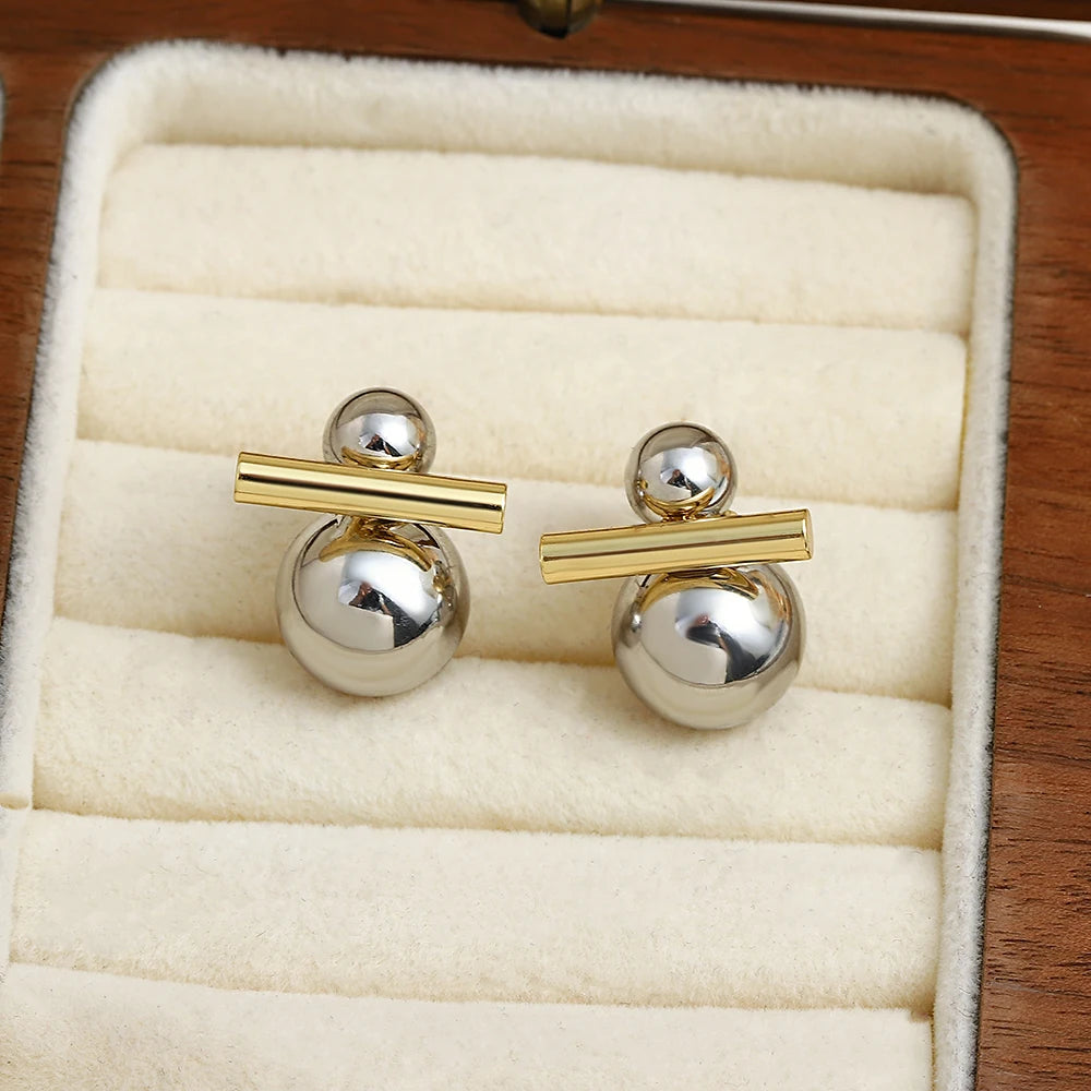 Greatera Trendy Two Tone Double Metal Ball Drop Earrings For Women Gold Silver Color Geometric Statement Earrings Jewelry 2023