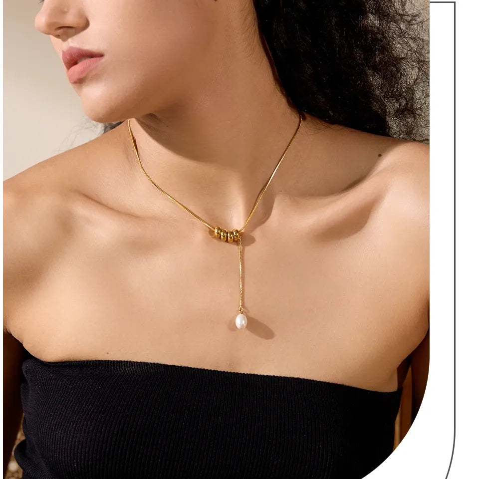 Elegant Gold Plated Pearl Necklace – Round Beads Drop Design