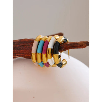 Multi Color Enamel Stainless Steel C-Shape Geometric Unique Earrings Waterproof Classic Stylish Jewelry