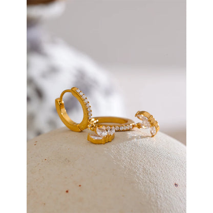 Waterproof Cubic Zirconia Flower Drop Hoop Earrings Hypoallergenic Stainless Steel Gold Color Daily Wear Fashion Jewelry