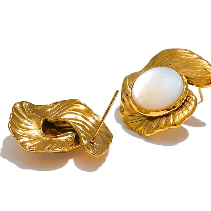 Chic Gold Plated Stud Earrings – Waterproof Natural Shell Design