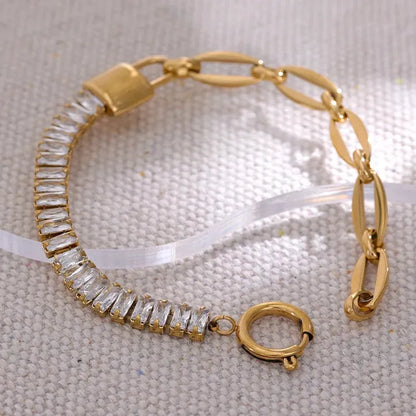 Cubic Zircon Lock Bracelet – Gold Plated Stainless Steel with Cubic Zirconia
