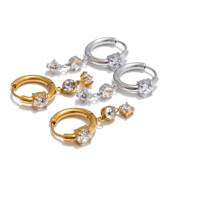 Gold Plated Stainless Steel Cubic Zirconia Drop Earrings