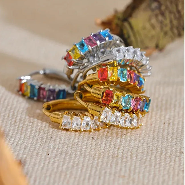 Colorful White Cubic Zirconia Stainless Steel Round Rainbow Bling Hoop Earrings for Women High Quality Jewelry