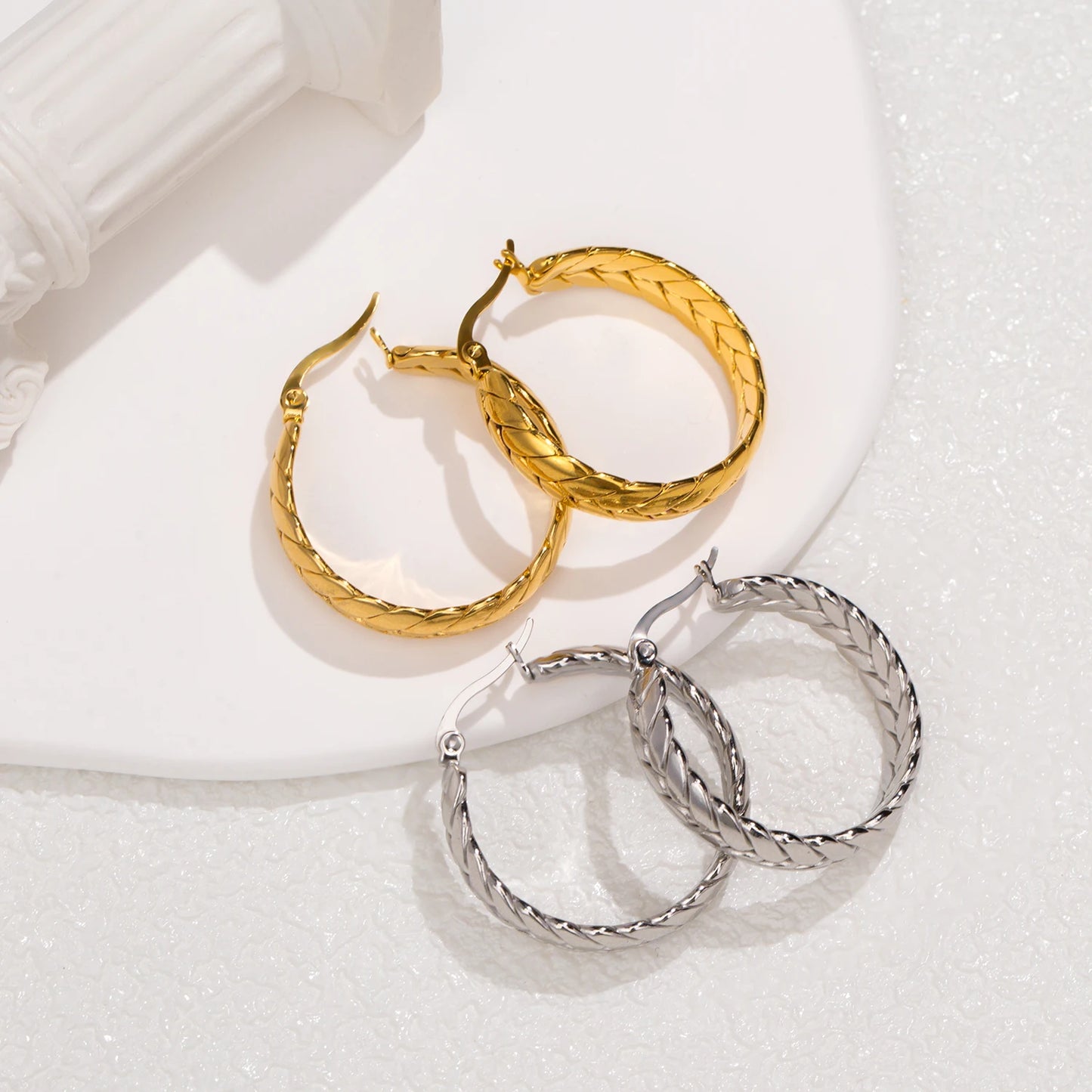 Wheat Pattern Hoop Earrings for Women Classic Round Stainless Steel Earrings 30mm