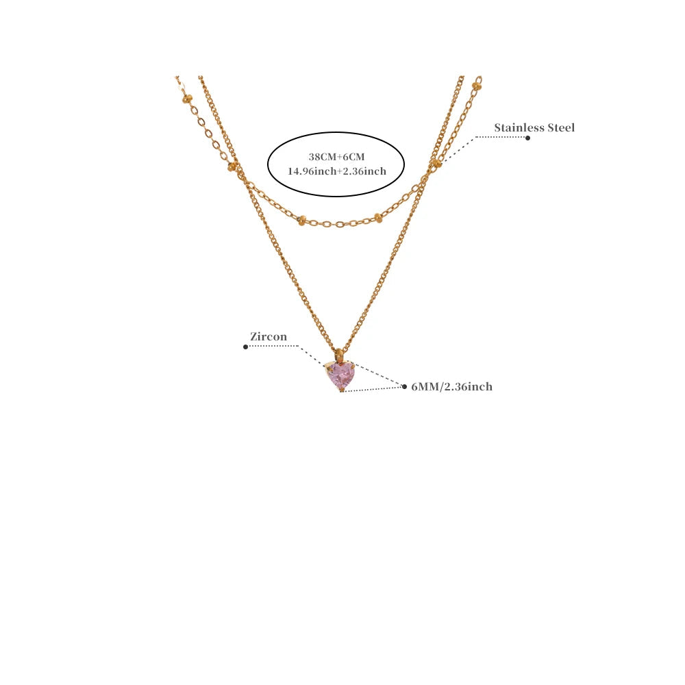 Elegant Pink Zircon Heart Double-Layer Necklace – Gold Plated