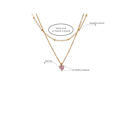 Elegant Pink Zircon Heart Double-Layer Necklace – Gold Plated