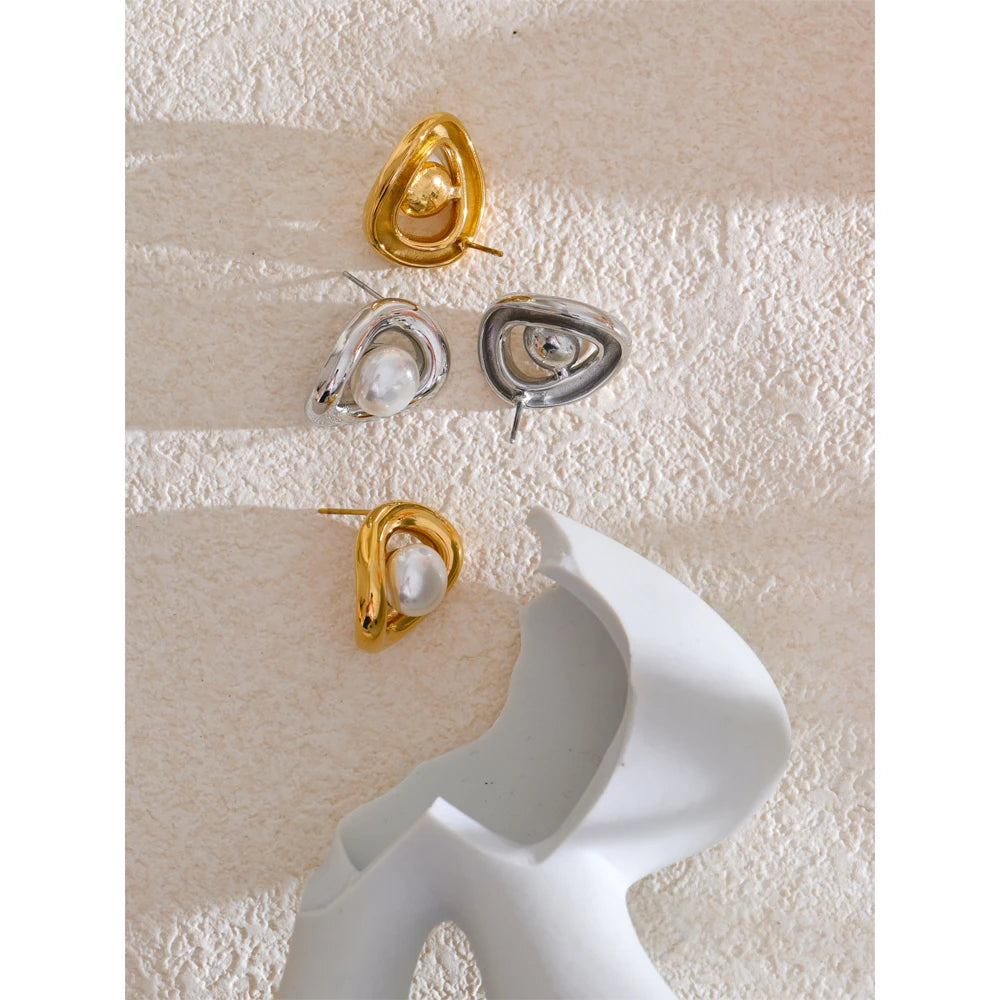 Gold Plated Tarnish-Free Hollow Oval Pearl Stud Earrings – Elegant Jewelry