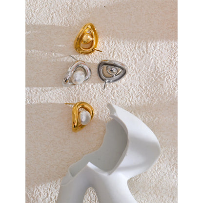 Gold Plated Tarnish-Free Hollow Oval Pearl Stud Earrings – Elegant Jewelry