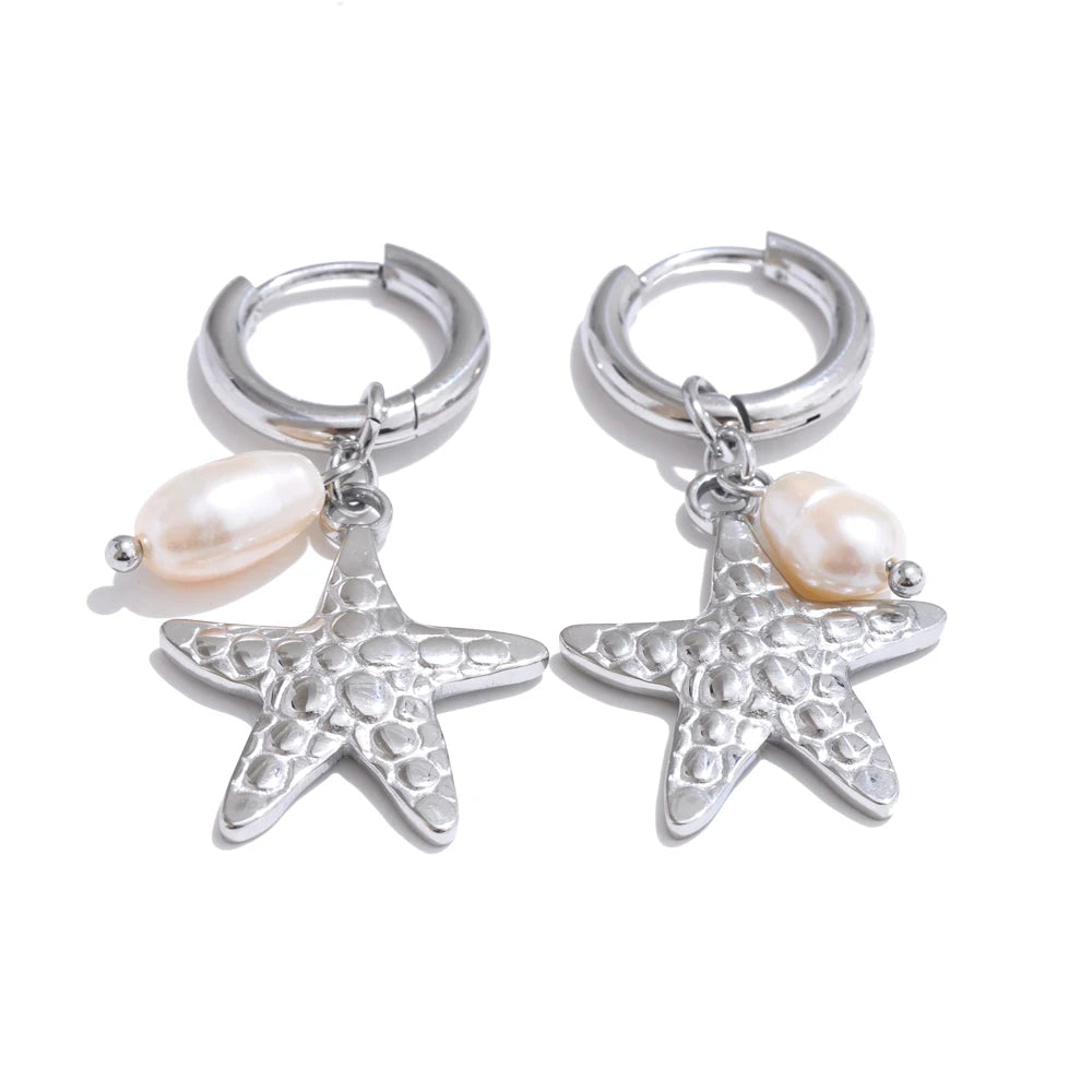 Ocean Theme Natural Pearl Conch Shell Starfish Drop Summer Hoop Earrings for Women Stainless Steel Holiday Daily Jewelry