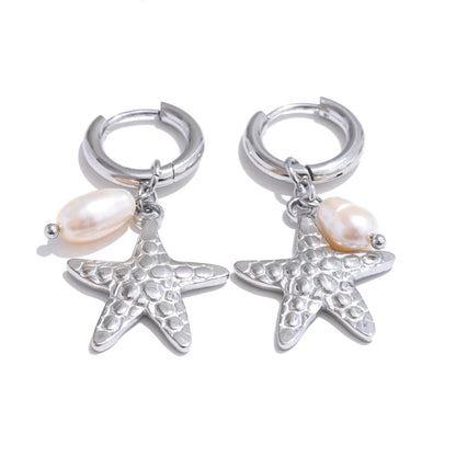 Ocean Theme Natural Pearl Conch Shell Starfish Drop Summer Hoop Earrings for Women Stainless Steel Holiday Daily Jewelry