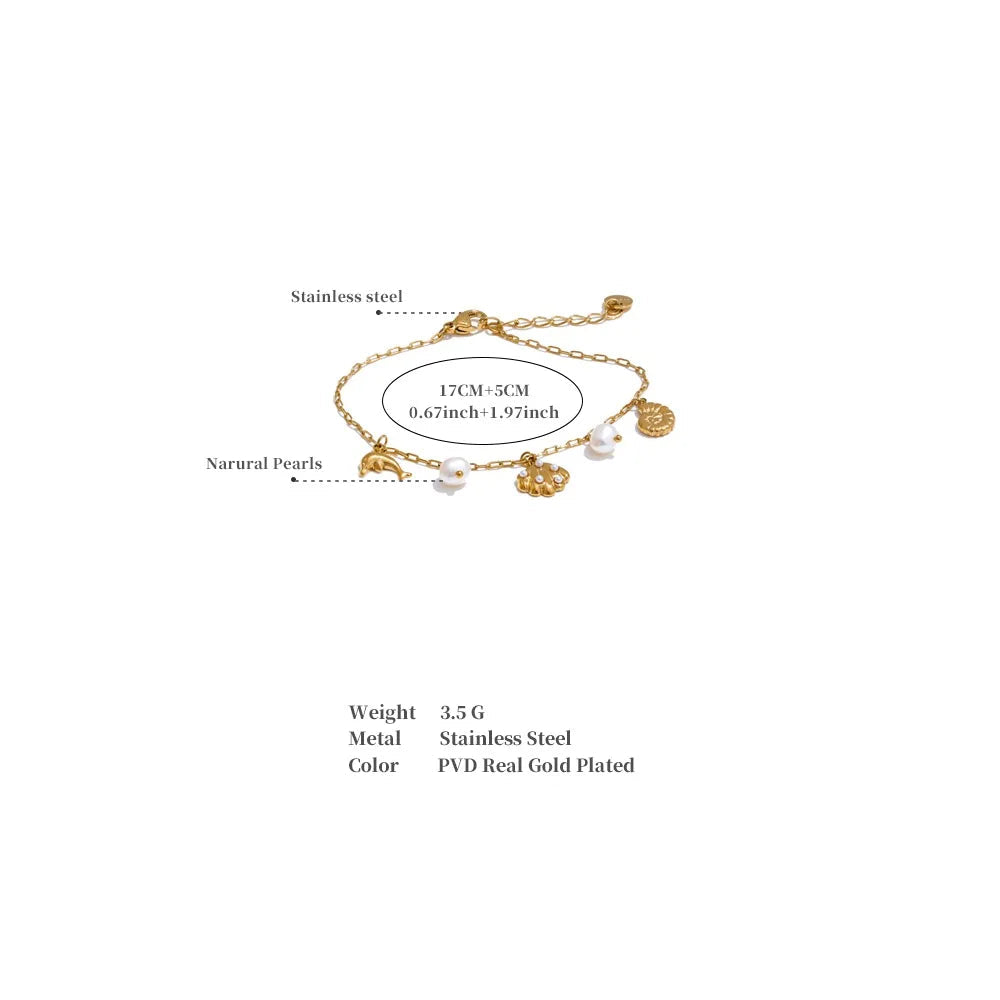 Ocean Charm Pearl Anklet – Shell Dolphin & Conch Design