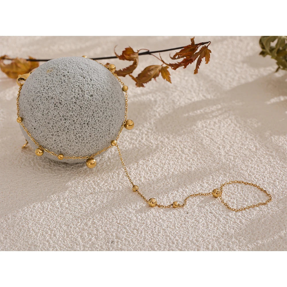 Gold Stainless Steel Finger Hand Bracelet – 18K Plated Beaded Jewelry