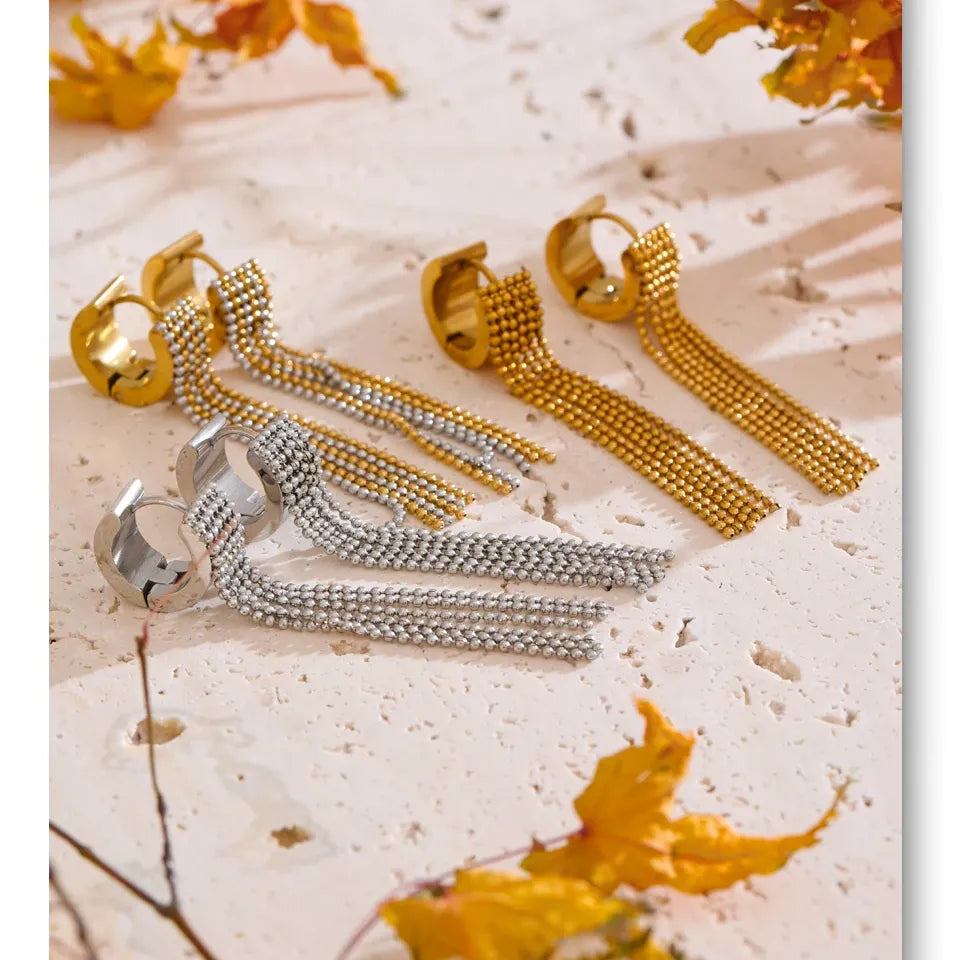 Stainless Steel Tassel Long Chain Drop Dangle Earrings Trendy Waterproof Jewelry