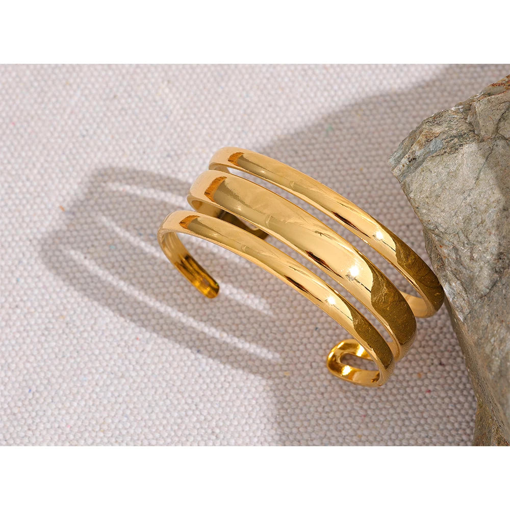 Multi-Layer Textured Cuff – Gold Plated Stainless Steel Statement Bracelet